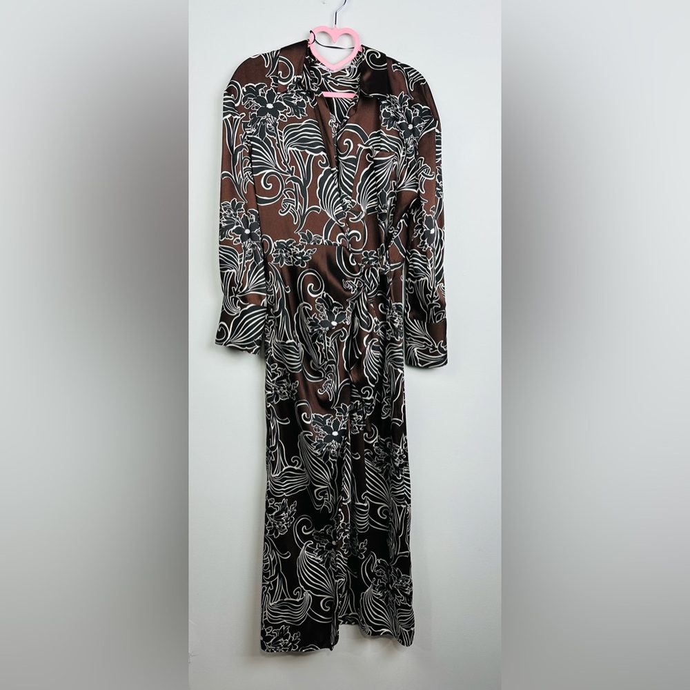 Zara Brown and Black Floral Long Sleeve Dress Size Medium